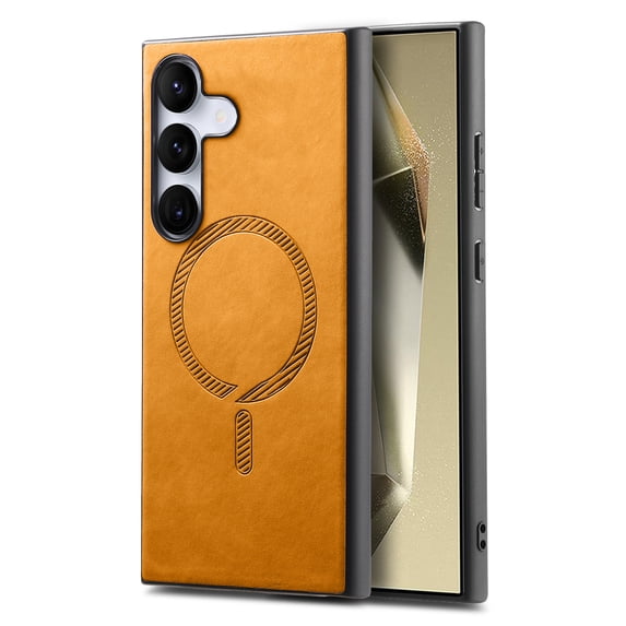for Samsung Galaxy S25 Plus Magnetic Case, Luxury PU Leather Skin-Feel Back Protective Phone Cover Compatible with Mag-Safe Support Car Mount Holder for Samsung Galaxy S25 Plus, Yellow