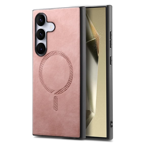 for Samsung Galaxy S25 Plus Magnetic Case, Luxury PU Leather Skin-Feel Back Protective Phone Cover Compatible with Mag-Safe Support Car Mount Holder for Samsung Galaxy S25 Plus, Pink
