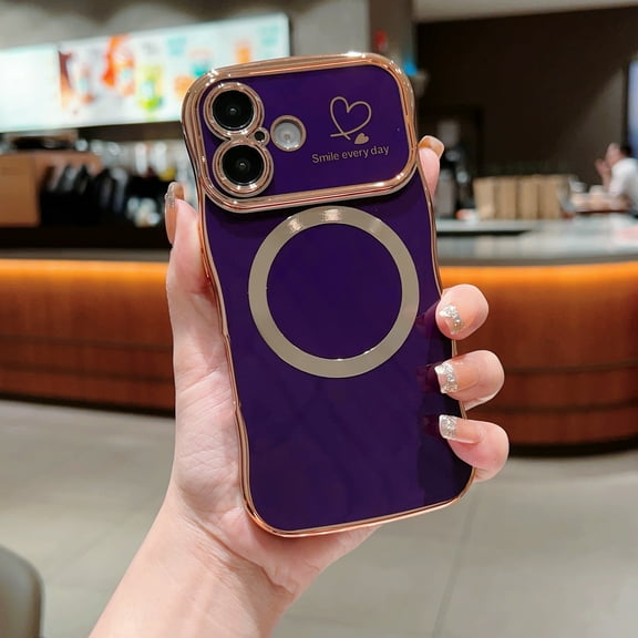 For Samsung Galaxy S25 Plus Magnetic Case for Women Girls,Slim Cute Wave Frame Curly Shape with Love Heart Pattern Raised Camera Protection Rubber Cover Luxury Plating Shockproof Phone Case,Darkpurple