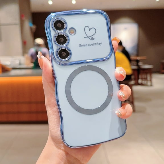 For Samsung Galaxy S24 Magnetic Case for Women Girls,Slim Cute Wave Frame Curly Shape with Love Heart Pattern Raised Camera Protection Rubber Cover Luxury Plating Shockproof Phone Case,Blue