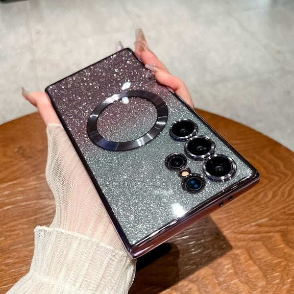 for Samsung Galaxy S25 Plus Magnetic Glitter Case Compatible with Mag Safe,Camera Lens Protector Full Protection Elegant Plating Sparkle Anti-Scratch Dust-Proof Bling Cover,Darkpurple