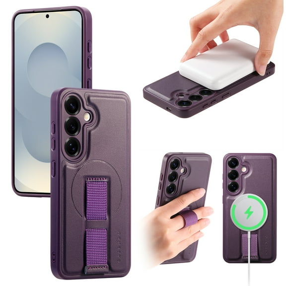 for Samsung Galaxy S25 Plus Magnetic Phone Case with Wristband, Magnetic Case [Support Wireless Charging] PU Leather Hard PC Slim Shockproof Protective Cover for Samsung Galaxy S25 Plus, Purple