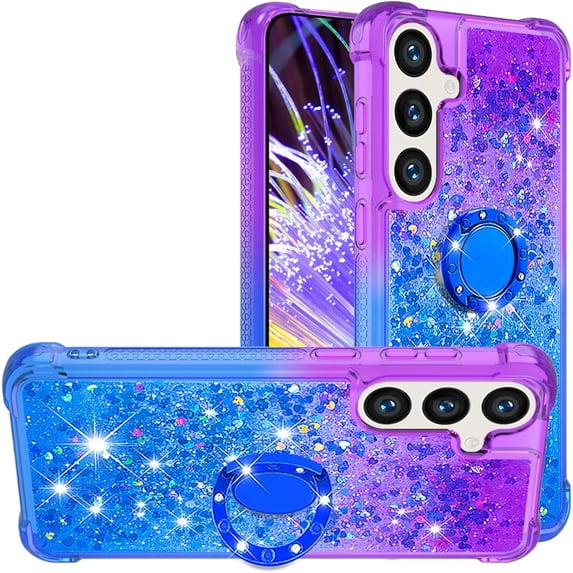 for Samsung Galaxy S25 Plus (Not S25)/ S24 Plus Quicksand Case with Ring Kickstand, Bling Cute Glitter Flowing Liquid Floating Sparkle Cover for Samsung Galaxy S25 Plus. JB-Purple Blue