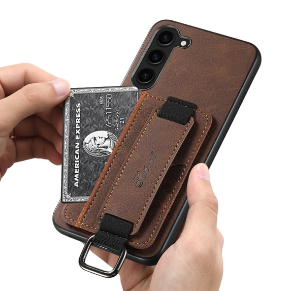 for Samsung Galaxy S25 Plus PU Leather Card Slots Back Case, Classic Wristband Kickstand Finger Ring Shockproof Protective TPU Frame Case for Samsung Galaxy S25 Plus Women Men Boys Girls, Brown