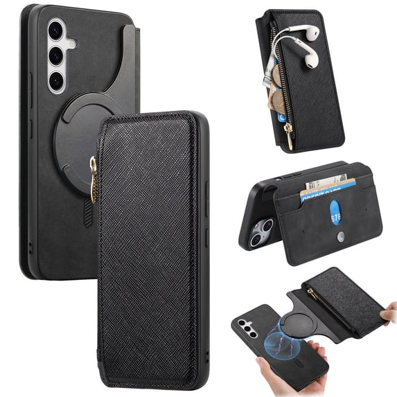 for Samsung Galaxy S25 Plus Phone Case, Detachable Magnetic Wallet, Card Slot Pocket Zipper Retro PU Leather Flip Folio Case Compatible with Kickstand Magsafe for Samsung Galaxy S25 Plus, Black