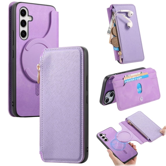 for Samsung Galaxy S25 Plus Phone Case, Detachable Magnetic Wallet, Card Slot Pocket Zipper Retro PU Leather Flip Folio Case Compatible with Kickstand Magsafe for Samsung Galaxy S25 Plus, Purple