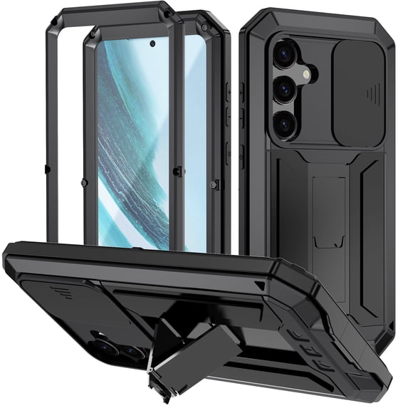for Samsung Galaxy S25 Plus Rugged Metal Case, with Screen Protector Kickstand Camera Sliding Cover for S25 Plus Full Cover Military Sturdy Armor Shockproof Dorp Test Cover for Outdoor, Black