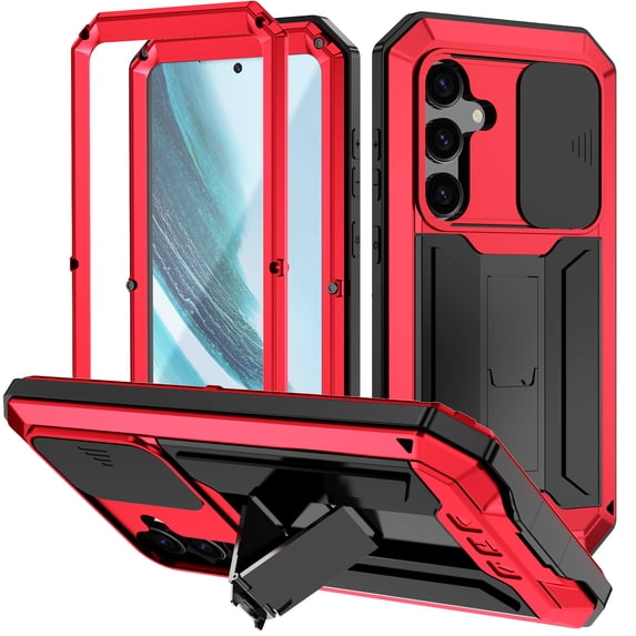 for Samsung Galaxy S25 Plus Rugged Metal Case, with Screen Protector Kickstand Camera Sliding Cover for S25 Plus Full Cover Military Sturdy Armor Shockproof Dorp Test Cover for Outdoor, Red