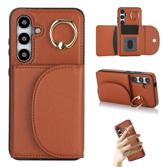 for Samsung Galaxy S25 Plus Wallet Case with Card Holder Women Men, Flip PU Leather Kickstand Shockproof Protective Phone Cover Magnetic Clasp 360 Rotation Ring Stand for Samsung S25 Plus, Brown