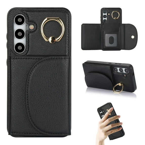 for Samsung Galaxy S25 Plus Wallet Case with Card Holder Women Men, Flip PU Leather Kickstand Shockproof Protective Phone Cover Magnetic Clasp 360 Rotation Ring Stand for Samsung S25 Plus, Black