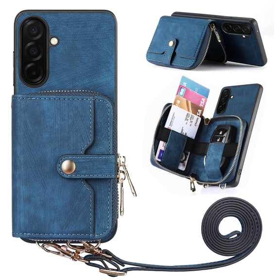 for Samsung Galaxy S25 Plus Wallet Case, Crossbody Phone Purse with Card Holder for Women, Zipper PU Leather Carrying Cover Gift with Shoulder Strap Kickstand Anti-drop for S25 Plus - Blue