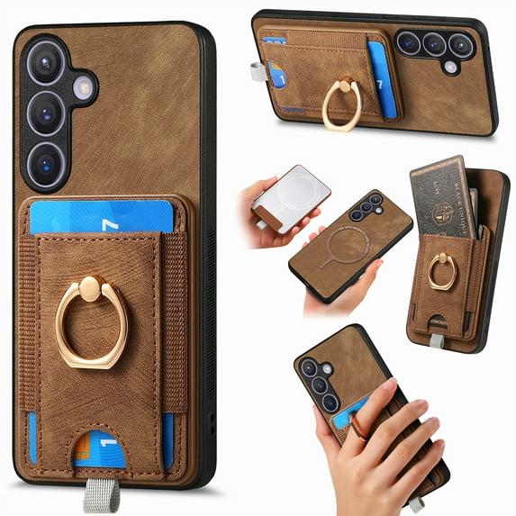 for Samsung Galaxy S25 Plus Wallet Case with Detachable Card Holder & 360° Rotation Finger Ring Holder Stand, Shockproof PU Leather Phone case with Card Slot for Men Women for S25 Plus, Brown