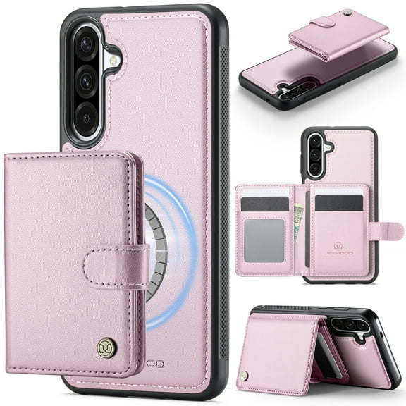 for Samsung Galaxy S25 Plus Wallet Case with Detachable Magnetic Card Holder, PU Leather + TPU, RFID Blocking Kickstand 2-in-1 Shockproof Drop Protective Phone Case with Magnetic Buckle, Pink