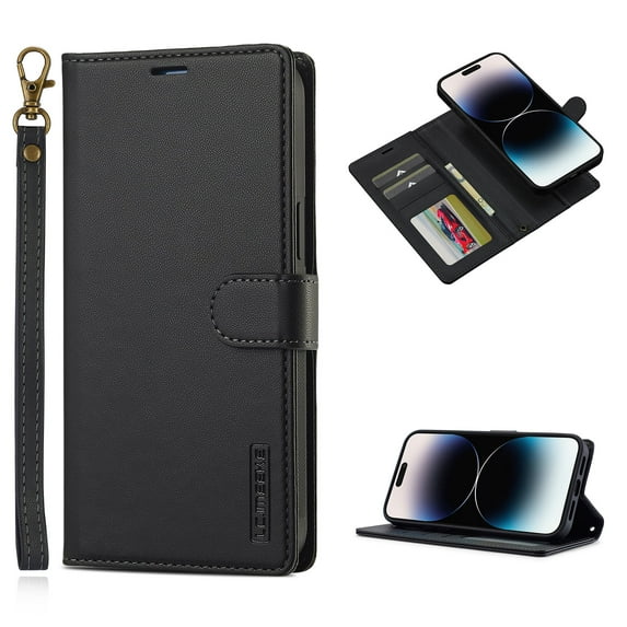 for Samsung Galaxy S25 Plus, Wallet Case with Magnetic Removable Inner Case, Classic Kickstand Wrist Strap Card Slots Full Body Protection Phone Cover for Men Women for Galaxy S25 Plus, Black