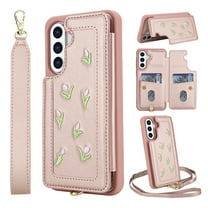 for Samsung Galaxy S25 Plus Wallet Case, Magnetic Snap Flip PU Leather TPU Cover with Flower Design Credit Card Holder Stand Wristband Shoulder Strap Protective Phone Case for Women Girls, Rosegold