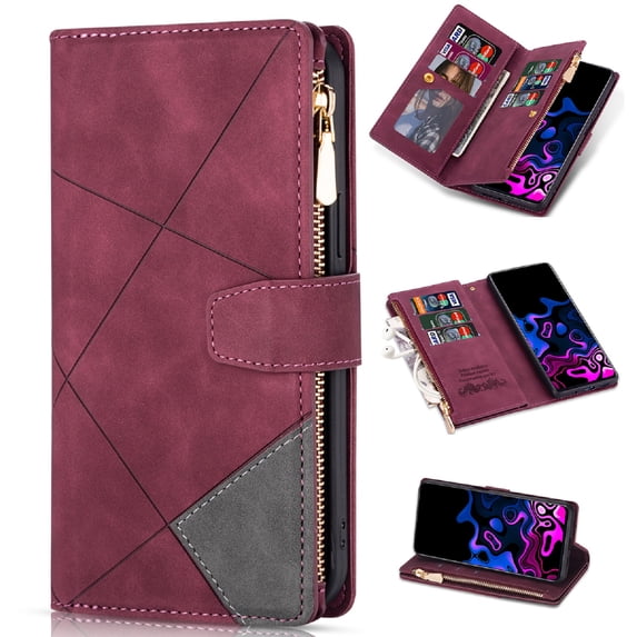 for Samsung Galaxy S25 Plus Zipper Wallet Case with Credit Card Holder, Premium PU Leather Flip Stand Cover with Magnetic Clasp Shockproof Protective Case for for Samsung Galaxy S25 Plus, Winered