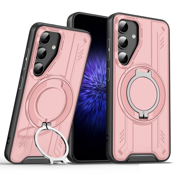 for Samsung Galaxy S25+ Rugged Grip Phone Case Compatible with MagSafe, 360 Rotating Ring Holder Stand Magnetic Case, Military-Grade Protection Anti-Scratch Anti-Slip Shockproof Cover,Pink