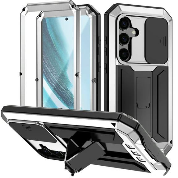 for Samsung Galaxy S25 Rugged Metal Case, with Screen Protector Kickstand Camera Sliding Cover for S25 Full Cover Military Sturdy Armor Shockproof Dorp Test Cover for Outdoor, Silver