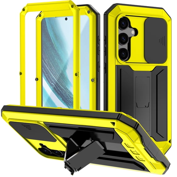 for Samsung Galaxy S25 Rugged Metal Case, with Screen Protector Kickstand Camera Sliding Cover for S25 Full Cover Military Sturdy Armor Shockproof Dorp Test Cover for Outdoor, Yellow