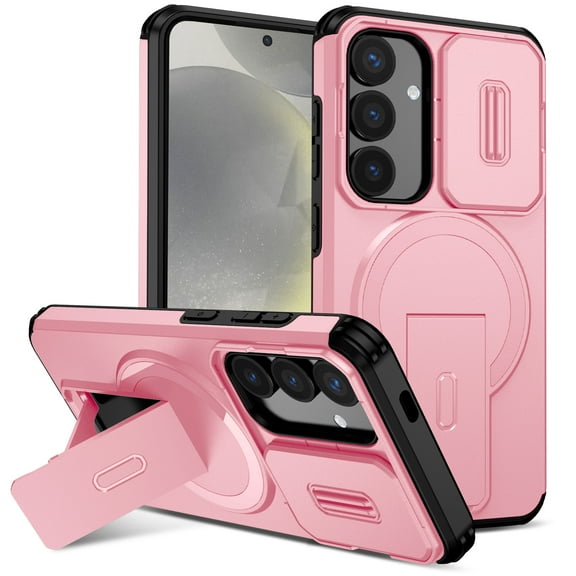 For Samsung Galaxy S25+ Rugged Phone Case,With Invisible Kickstand,Compatible with Mag-Safe,With Camera Lens Cover,Shockproof Anti-Scratch Drop Protection Durable Heavy Duty Phone Case,Pink