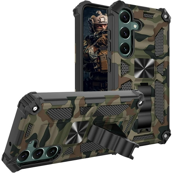 for Samsung Galaxy S25/ S24 6.17" Camouflage Case with Magnetic Kickstand for Man, Military Grade Heavy Duty Shockproof Camo Cover Case for Samsung Galaxy S25 MC-Army Green