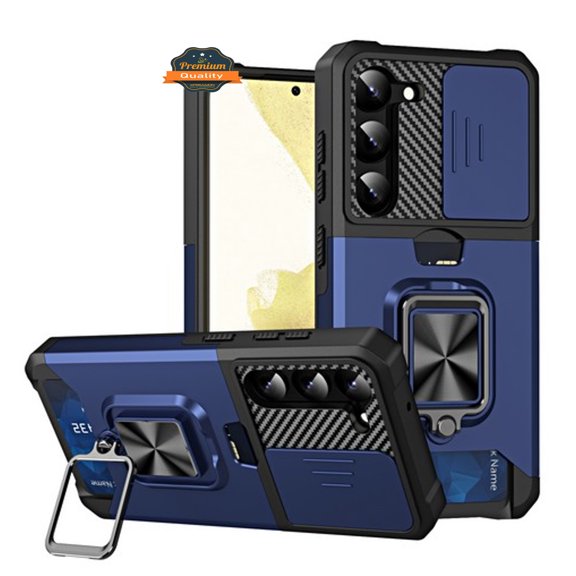 For Samsung Galaxy S25 /S24 Wallet Case with Slide Camera Protector, Credit Card Slot, Ring Sand, Magnetic Car Mount Phone Case Cover Blue