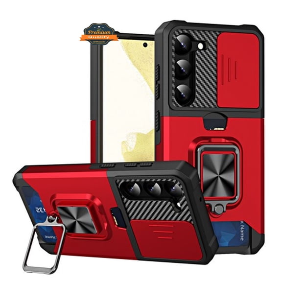 For Samsung Galaxy S25 /S24 Wallet Case with Slide Camera Protector, Credit Card Slot, Ring Sand, Magnetic Car Mount Phone Case Cover Red