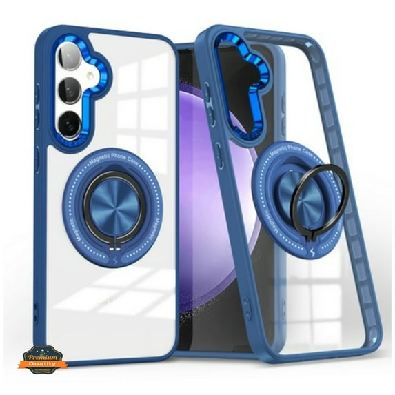 For Samsung Galaxy S25+ S25 Plus /S24+ Case, Clear Transparent Back Hybrid with Rotating Ring Stand, MagSafe Compatible Shockproof Slim TPU PC Phone Cover (Blue)