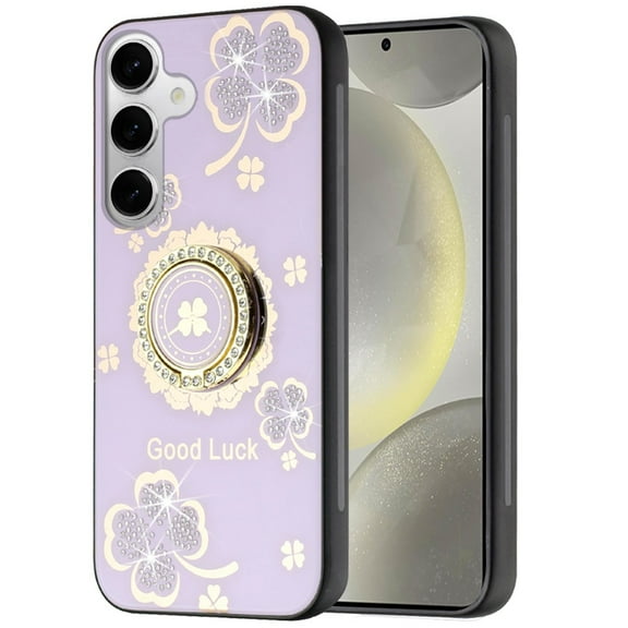 For Samsung Galaxy S25+ /S25 Plus /S24+ Plus Case, Diamonds 3D Fashion Floral Bling Sparkly Glitter Ornaments Engraving Hybrid with Ring Stand Phone Cover (Purple Good Luck Floral)
