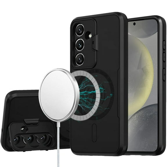 For Samsung Galaxy S25+ /S25 Plus /S24+ Plus Case, Foldable Camera Protector Kickstand with MagSafe Compatible, Dual Layer Hybrid Shockproof Phone Cover (Black)