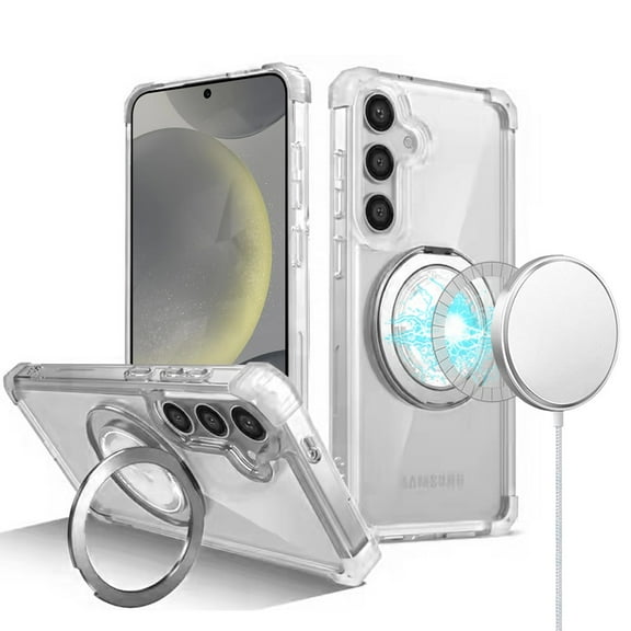 For Samsung Galaxy S25  /S25 Plus /S24  Plus Case, Shield Magnetic Case [Compatible with MagSafe], 360° Rotatable Invisible Ring Stand, Transparent Back Phone Cover (Clear)