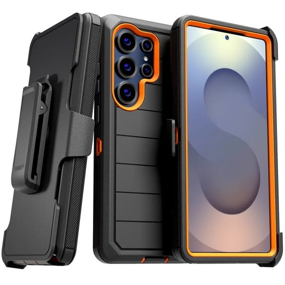 Defender Case for Samsung Galaxy S25 Ultra with Belt Clip, Kickstand, Dual-Layer, Black/Orange