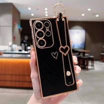 Samsung Galaxy S25 Ultra 5G Case with Wrist Strap, Luxury Cute Plating Edge Love Hearts Pattern, Finger Holder Kickstand, (6.9")
