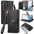 thumbnail image 1 of For Samsung Galaxy S25 Ultra 5G Leather Phone Case Wallet Zipper Pocket Pouch Folio Flip Cover Kickstand, Multi Anti-theft Card Holder Cash Slot, Double Magnetic Buckle, Wrist Lanyard,Black, 1 of 11