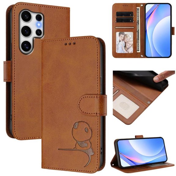 For Samsung Galaxy S25 Ultra 5G Litter Panda Embossing Leather Phone Case with RFID Blocking Card Slot Wallet Magnetic Clasp Lanyard Flip Stand Case,Brown,For Galaxy S25 Ultra 5G