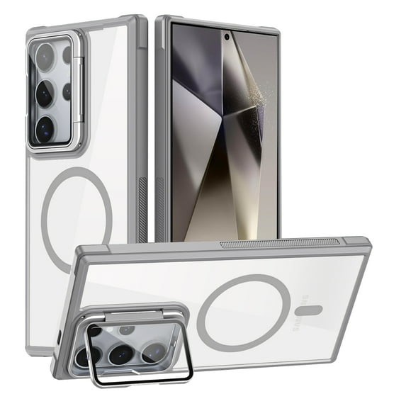 for Samsung Galaxy S25 Ultra Acrylic Hard Stand Case, Full Body Camera Lens Protector Clear Cover Compatible with MagSafe, Shockproof Protection Magnetic Phone Case for Galaxy S25 Ultra, Gray