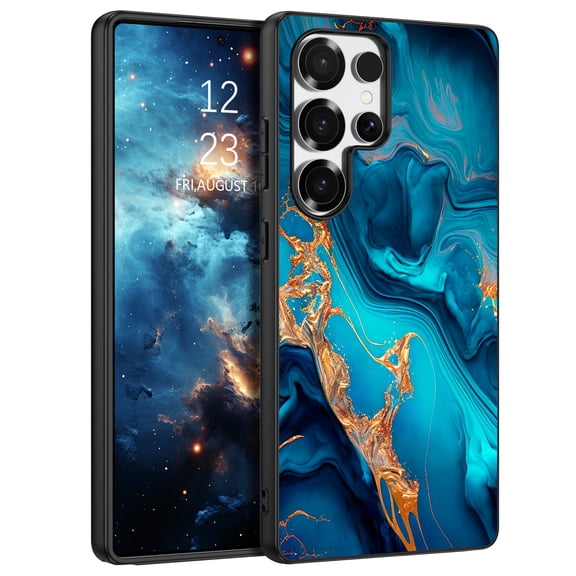 DOMAVER Samsung Galaxy S25 Ultra Case 6.9" Slim Glow in The Dark Protective Cover, Shockproof Hybrid PC + TPU, Blue Marble/Gold