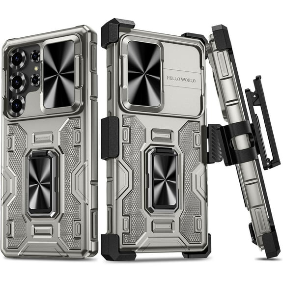 for Samsung Galaxy S25 Ultra Case, with [Belt Clip Holster] [Slide Camera Protector] [360°Rotatable Ring Kickstand] Military-Grade Heavy Duty Protection Cover - Metallic Grey