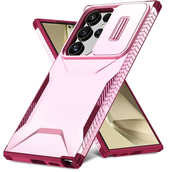 for Samsung Galaxy S25 Ultra Case with Built-in Camera Lens Slide Cover, Heavy-Duty Shockproof Rugged Case Heavy Duty Bumper Shockproof Phone Cover for Samsung Galaxy S25 Ultra,Pink