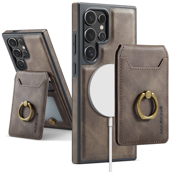 For Samsung Galaxy S25 Ultra Case with Credit Card Holder,Ring Holder,Phone PU Leather Case Wallet for Women Men Magnetic Detachable 2-in-1 Wallet Card,Shockproof Rugged Phone Case,Coffee