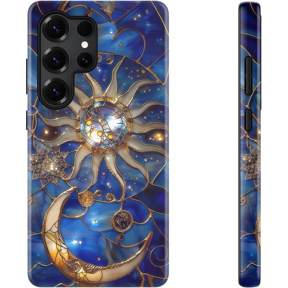 for Samsung Galaxy S25 Ultra Case Cute, Aesthetic Stained Glass Moon and Sun Royal Blue, Compatible with Magsafe, Fancy Cool Retro Western Protective Slim Silicone Phone Cover for Women Girls