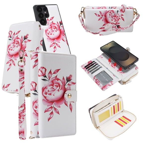 for Samsung Galaxy S25 Ultra Case Detachable Wallet with RFID Blocking Card Holder Colored Drawing PU Leather Magnetic Snap Flip Zipper Wrist Shoulder Strap Kickstand Phone Case Women Girls, White