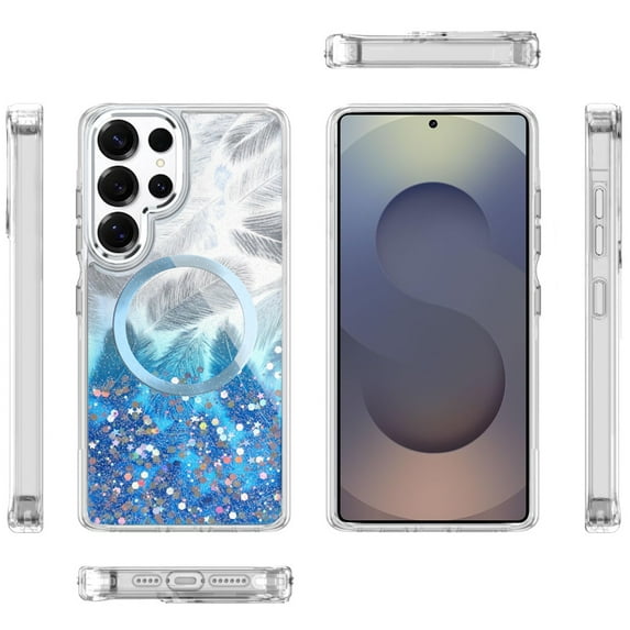 For Samsung Galaxy S25 Ultra Case, Epoxy Glitter Shimmer Fashion Case with Magnetic Magsafe Compatible Hybrid Sparkling Slim Protective Phone Cover (Blue)