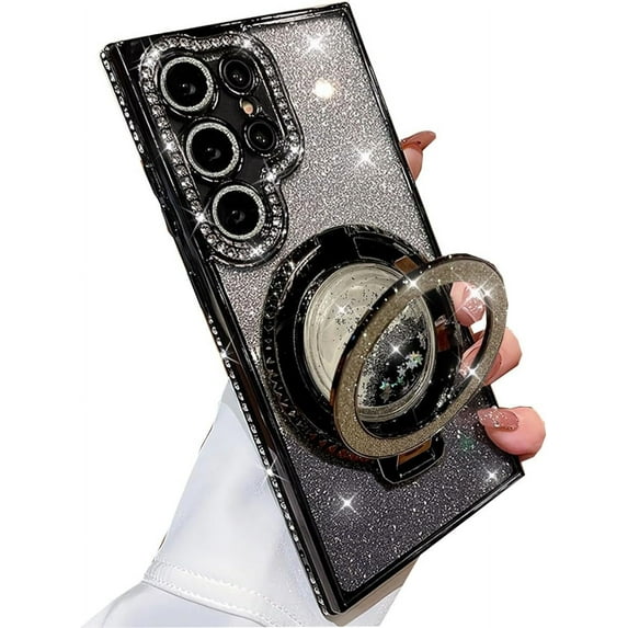 for Samsung Galaxy S25 Ultra Case with Glitter Kickstand,Cute Bling Sparkly Rhinestones Phone Case, Glass Camera Lens Protector,Flowing Liquid Ring Stand for Samsung S25 Ultra (Black)