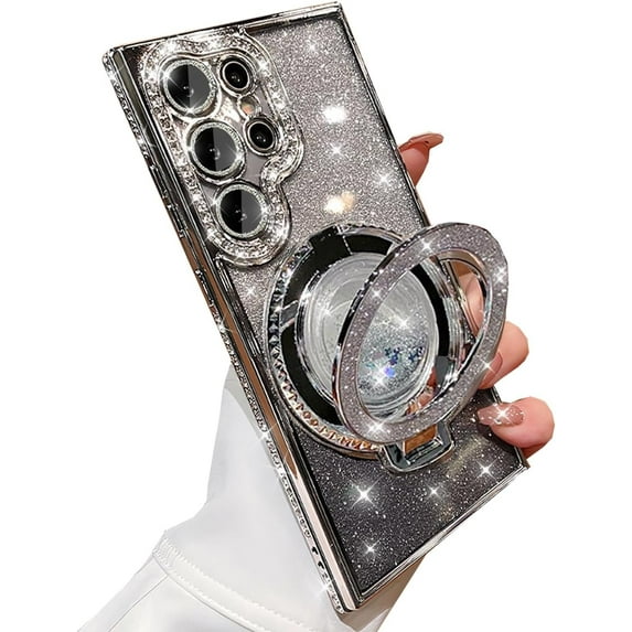 for Samsung Galaxy S25 Ultra Case with Glitter Kickstand,Cute Bling Sparkly Rhinestones Phone Case, Glass Camera Lens Protector,Flowing Liquid Ring Stand for Samsung S25 Ultra (Silver)