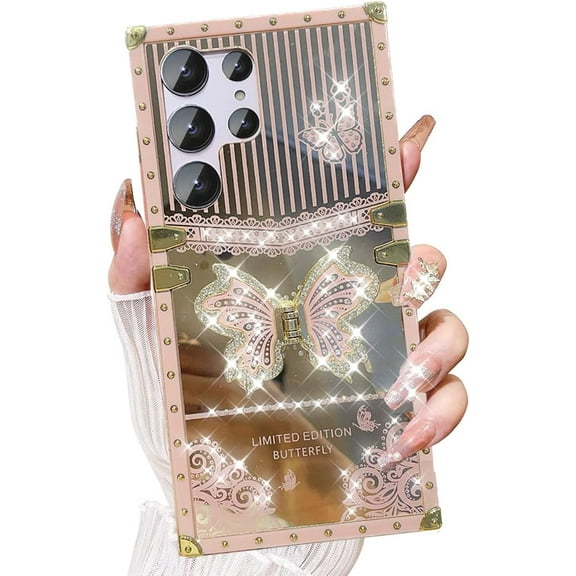 for Samsung Galaxy S25 Ultra Case with Kickstand, Foldable Butterfly Woman Girls Bling Diamond Mirror Back Golden Plated Shockproof Protection Soft Elegant Cute Cover for S25 Ultra 6.9", Pink