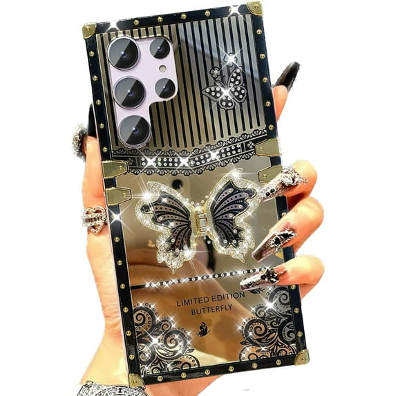 for Samsung Galaxy S25 Ultra Case with Kickstand, Foldable Butterfly Woman Girly Bling Diamond Mirror Back Golden Plated Shockproof Corners Protection Elegant Cute Cover for S25 Ultra, Black