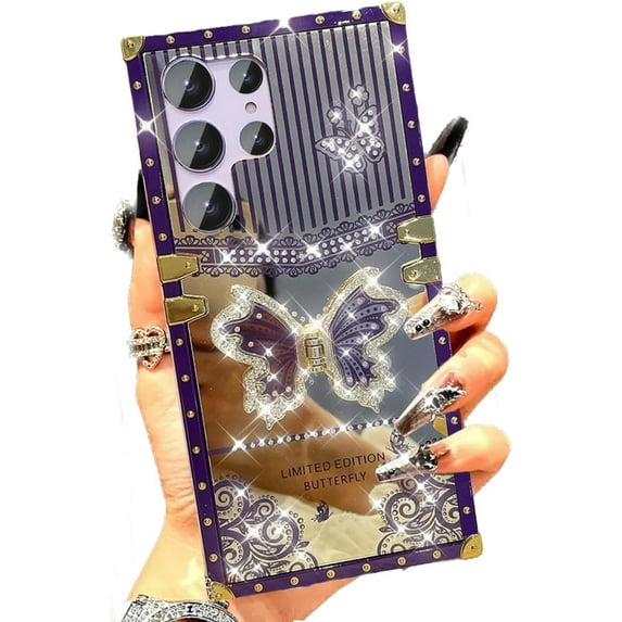for Samsung Galaxy S25 Ultra Case with Kickstand, Foldable Butterfly Woman Girly Bling Diamond Mirror Back Golden Plated Shockproof Corners Protection Elegant Cute Cover for S25 Ultra, Purple