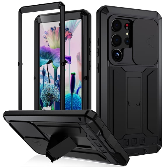 for Samsung Galaxy S25 Ultra Case with Lens Sliding Cover Screen Protector, Heavy Duty Military Grade Hard Protection Shockproof Dustproof for Galaxy S25 Ultra Case with Built-in Stand, Black