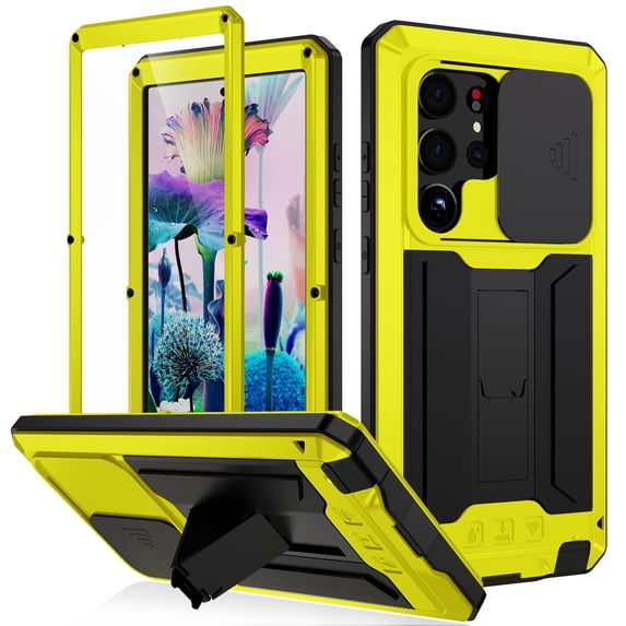 for Samsung Galaxy S25 Ultra Case with Lens Sliding Cover Screen Protector, Heavy Duty Military Grade Hard Protection Shockproof Dustproof for Galaxy S25 Ultra Case with Built-in Stand, Yellow